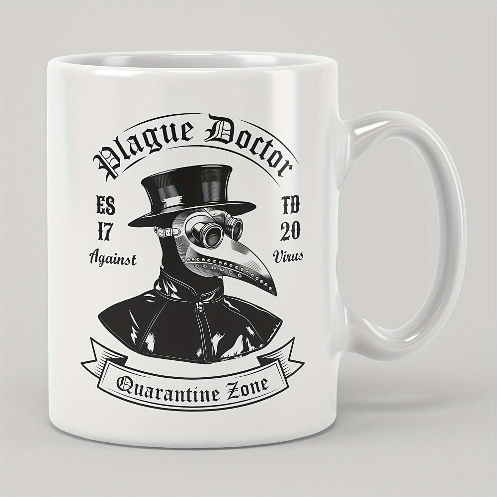 Tailorly White Ceramic 11 oz Mug - Plague Doctor Against Virus Quarantine Zone Vintage Goth Figure Wearing Top Hat And Traditional Beak Mask Doctor