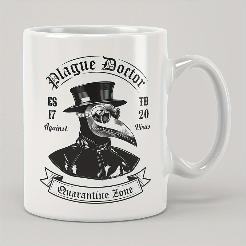 Tailorly White Ceramic 11 oz Mug - Plague Doctor Against Virus Quarantine Zone Vintage Goth Figure Wearing Top Hat And Traditional Beak Mask Doctor