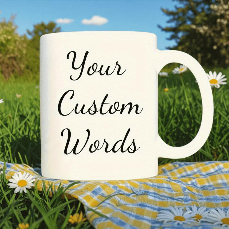 Tailorly White Ceramic 11 oz Mug - Your Custom Words Ceramic Vessel Resting On Plaid Blanket Among Grass And Daisy Mug