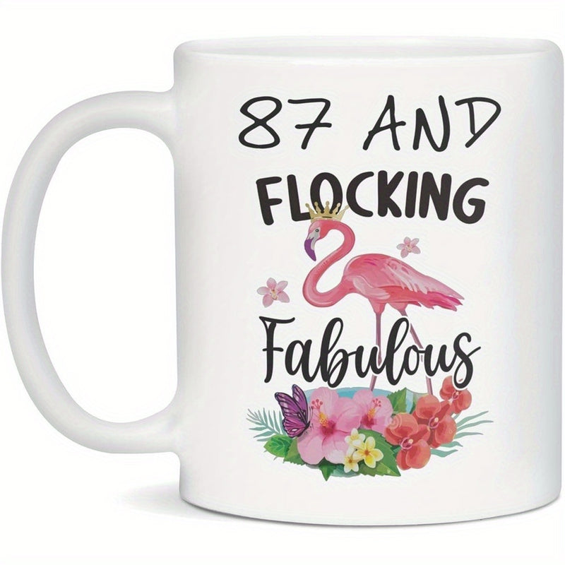 Tailorly White Ceramic 11 oz Mug - 87 And Flocking Fabulous Elegant Pink Flamingo Wearing Golden Crown Among Tropical Hibiscus Flowers Flamingo
