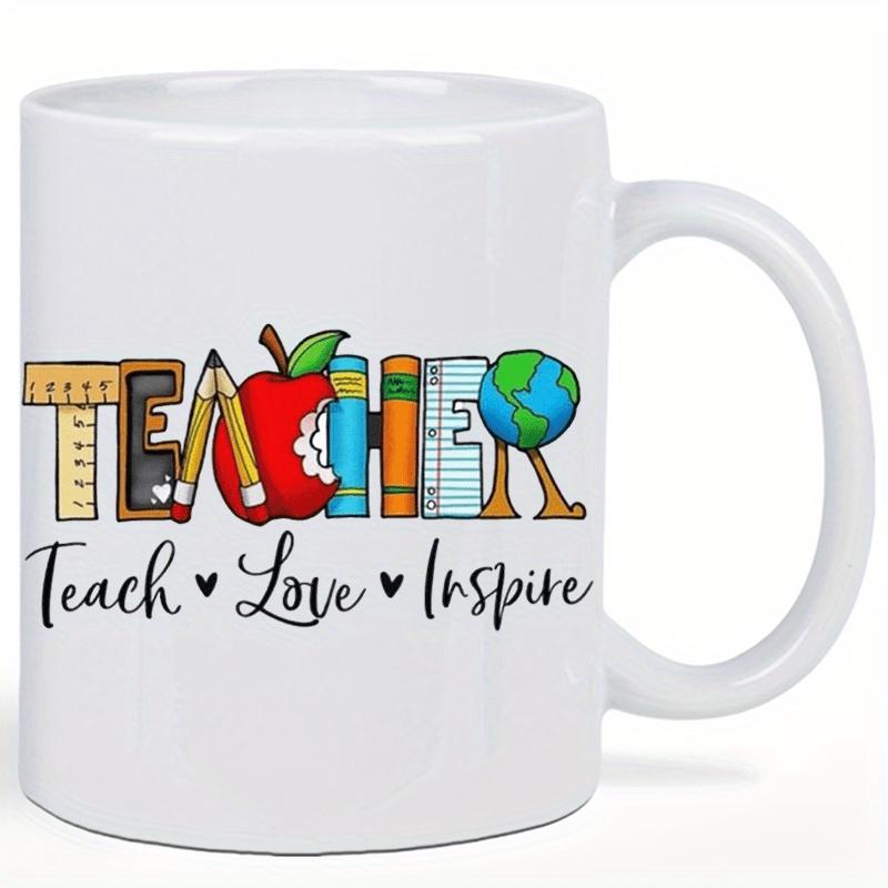 Tailorly White Ceramic 11 oz Mug - Teach Love Inspire Hand Drawn School Elements Featuring Red Apple Pencil And World Globe Teacher