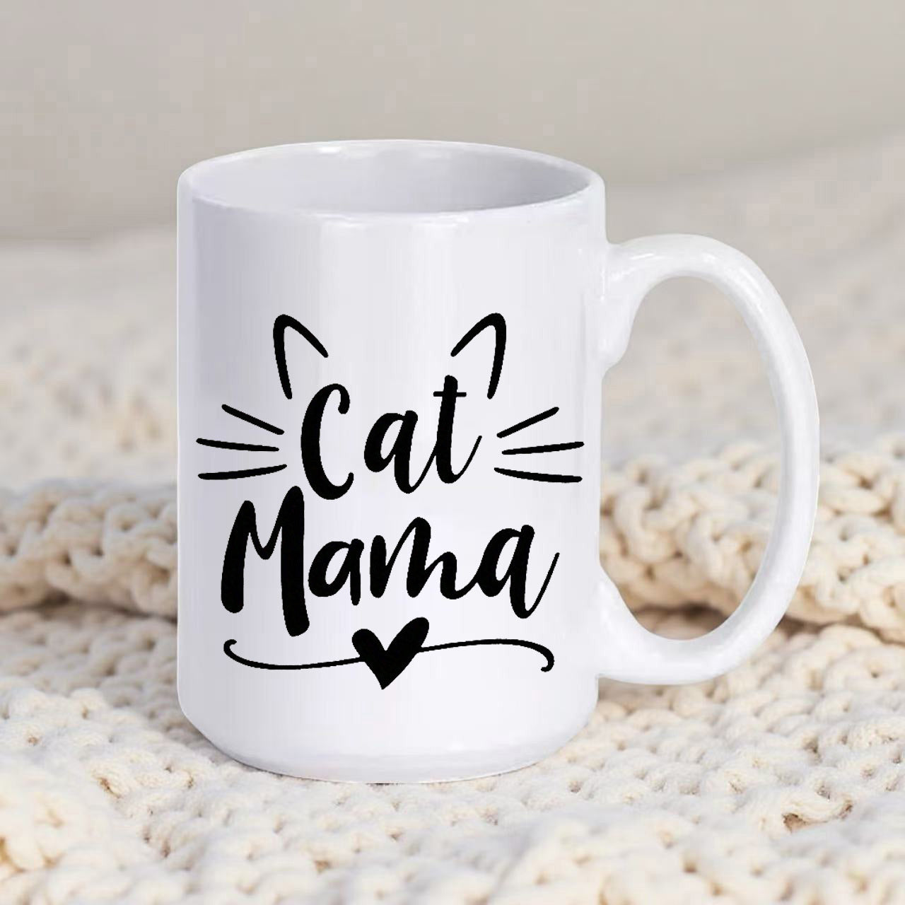 Tailorly White Ceramic 11 oz Mug - Cat Mama Minimalist Black Silhouette Of Ears And Whiskers With Heart Cat