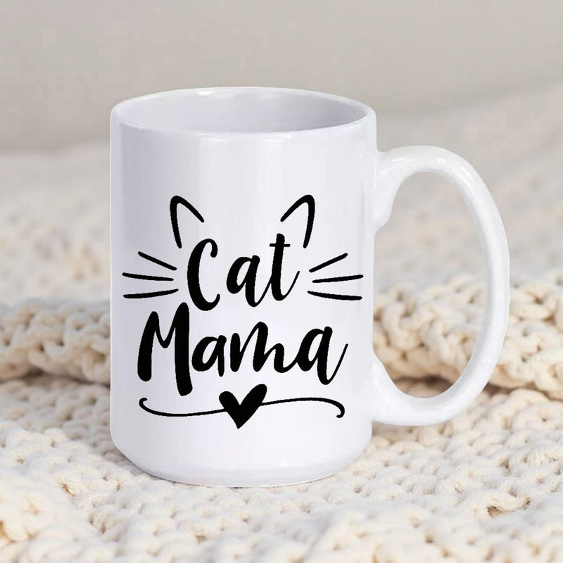 Tailorly White Ceramic 11 oz Mug - Cat Mama Minimalist Black Silhouette Of Ears And Whiskers With Heart Cat