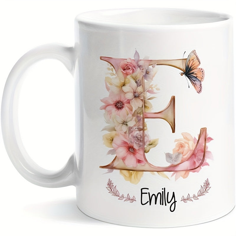 Tailorly White Ceramic 11 oz Mug - Emily Elegant Watercolor Flowers With A Delicate Butterfly On A Decorative Letter E