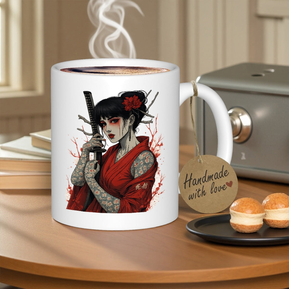 Tailorly White Ceramic 11 oz Mug - Handmade With Love Japanese Samurai Woman In Red Kimono Holding Katana With Tattoos Warrior