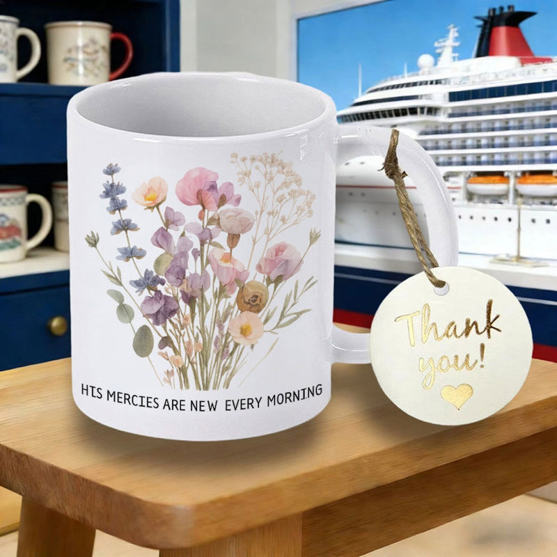 Tailorly White Ceramic 11 oz Mug - His Mercies Are New Every Morning Soft Pastel Watercolor Blooming Wildflowers With Greenery Leaves Wildflower