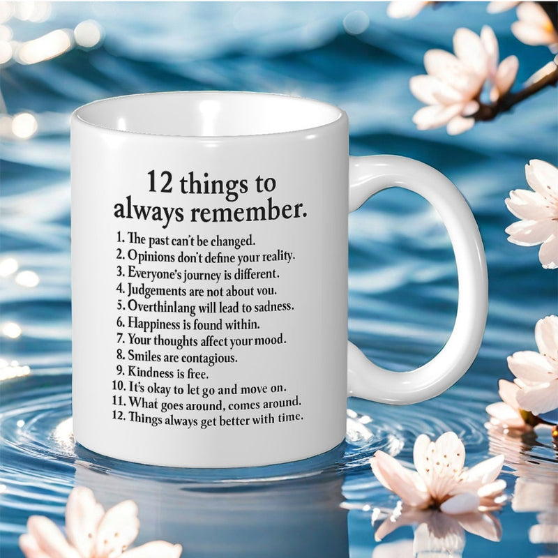 Tailorly White Ceramic 11 oz Mug - 12 Things To Always Remember White Floral Petals Floating Over Gentle Blue Rippling Water Surface Ceramic Mug