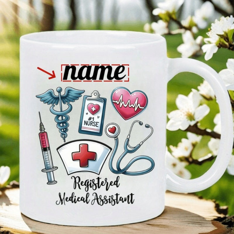 Tailorly White Ceramic 11 oz Mug - Registered Medical Assistant Nurse Medical Icons With Stethoscope And Heart Among Professional Nursing Tools Nurse