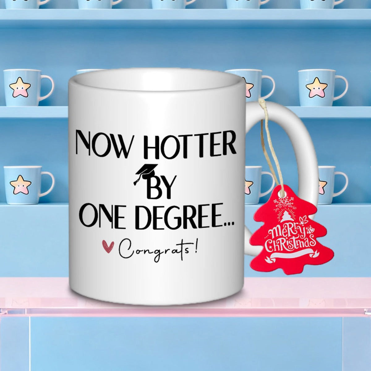 Tailorly White Ceramic 11 oz Mug - Now Hotter By One Degree Congrats Minimalist Style Graduation Mortarboard With Small Delicate Heart Graduation Cap