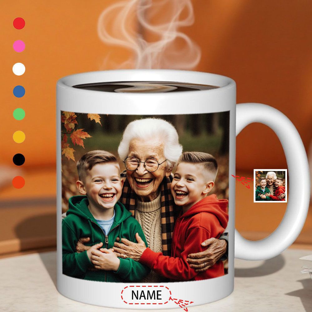 Tailorly White Ceramic 11 oz Mug - Name Warm Smiling Grandmother Embracing Two Happy Young Boys In Nature Portrait