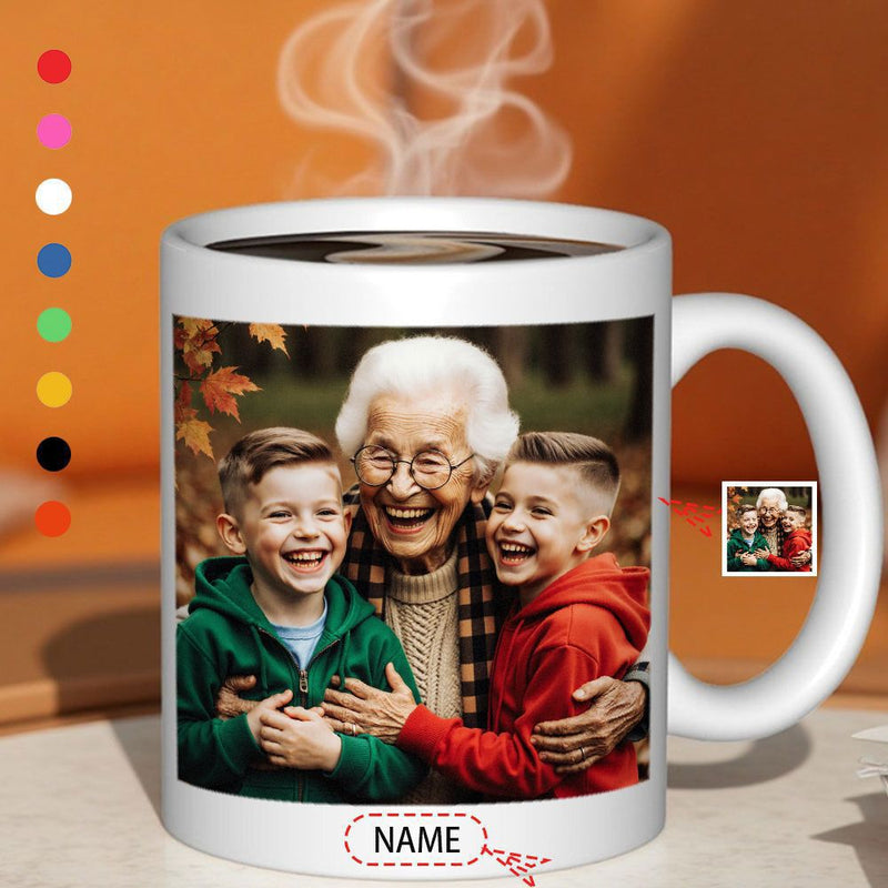 Tailorly White Ceramic 11 oz Mug - Name Warm Smiling Grandmother Embracing Two Happy Young Boys In Nature Portrait