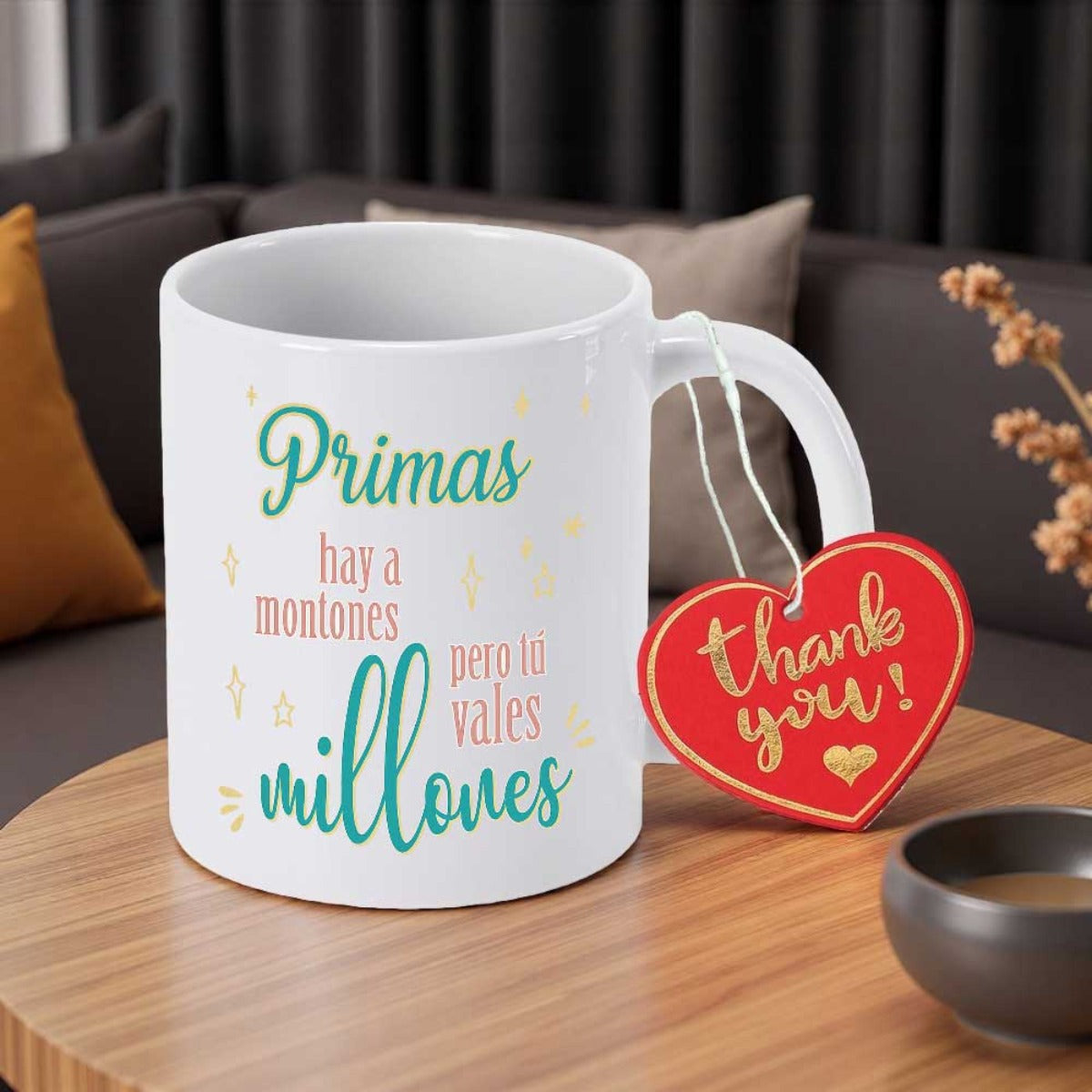 Tailorly White Ceramic 11 oz Mug - Thank You Minimalist Ceramic Vessel With Decorative Sparkles Hanging Heart Shaped Tag Mug