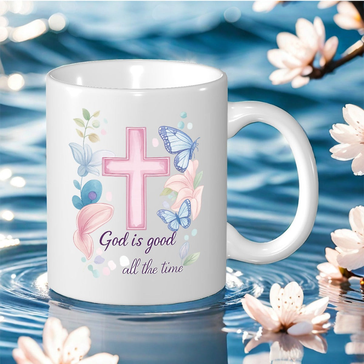 Tailorly White Ceramic 11 oz Mug - God Is Good All The Time Elegant Floral Garland With Flying Butterflies And Decorative Pink Cross