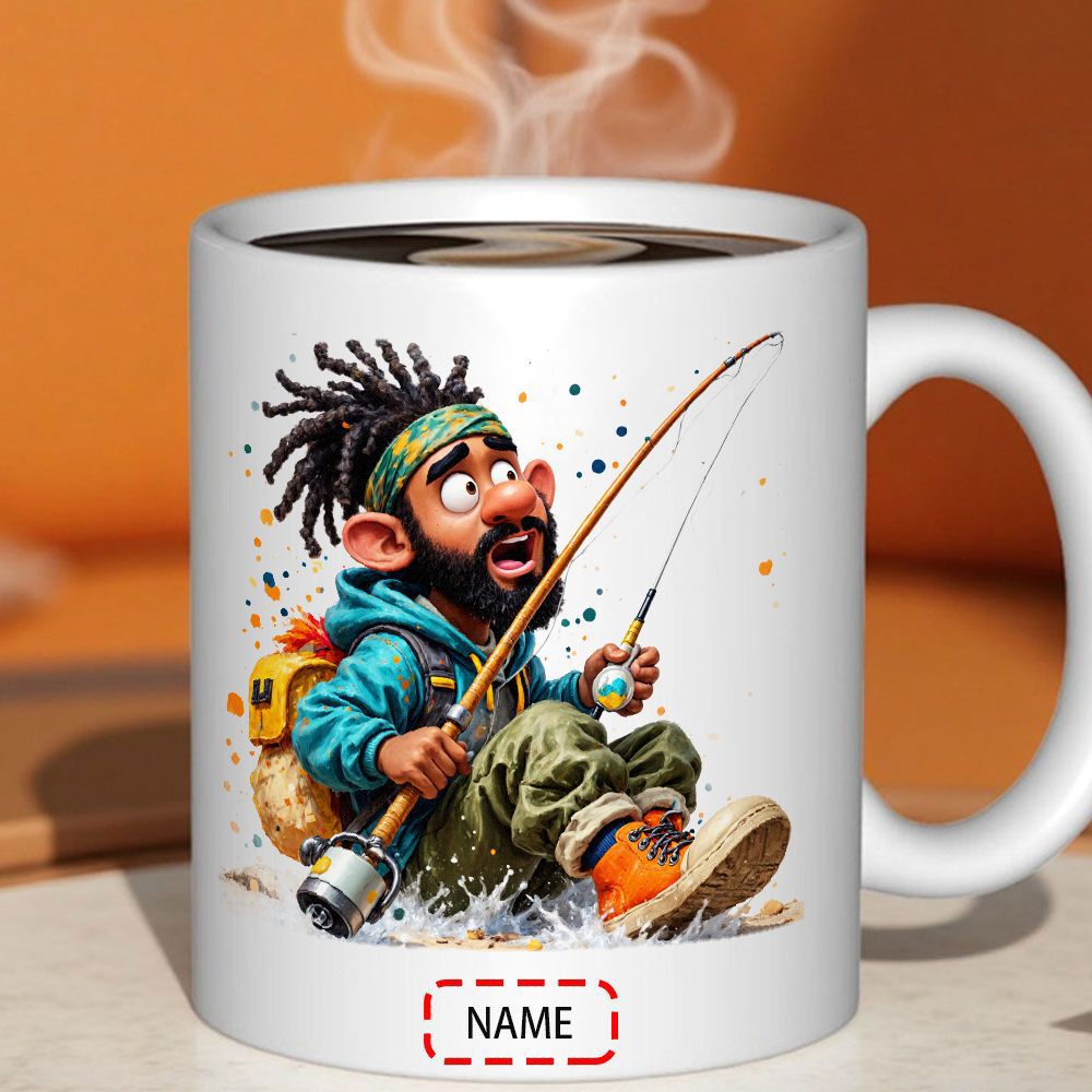Tailorly White Ceramic 11 oz Mug - Name Animated Style Fisherman Holding Fishing Rod Sitting Amidst Colorful Splashes Fisherman
