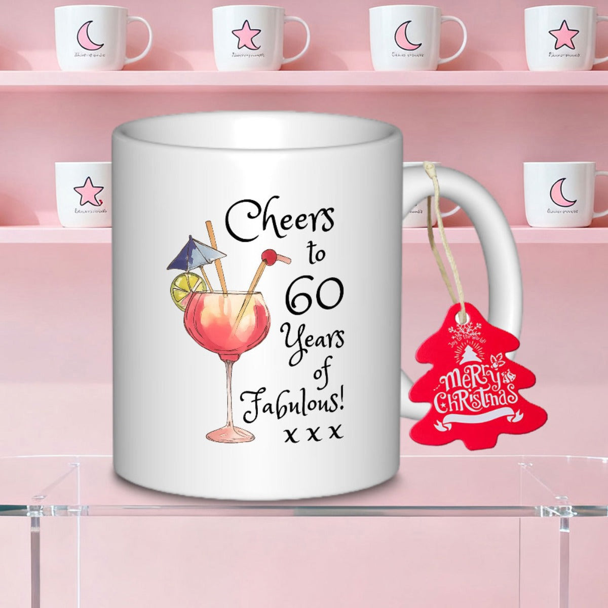 Tailorly White Ceramic 11 oz Mug - Cheers To 60 Years Of Fabulous Refreshing Pink Cocktail With Little Blue Umbrella And Yellow Lemon Slice Glass