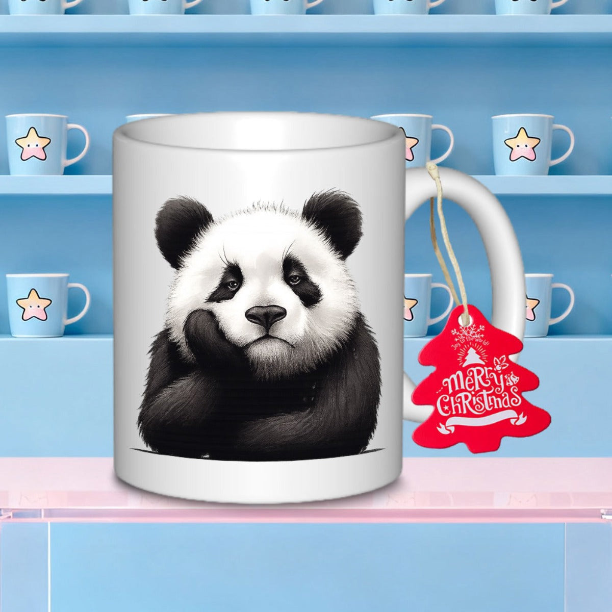 Tailorly White Ceramic 11 oz Mug - Merry Christmas Adorable Fluffy Giant Panda Sitting With Hand Under Chin Panda