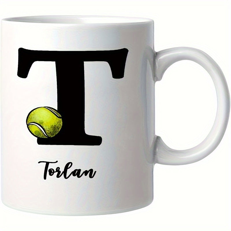 Tailorly White Ceramic 11 oz Mug - Torlan Classic Bold Monogram Letter T With Bright Yellow Realistic Ball