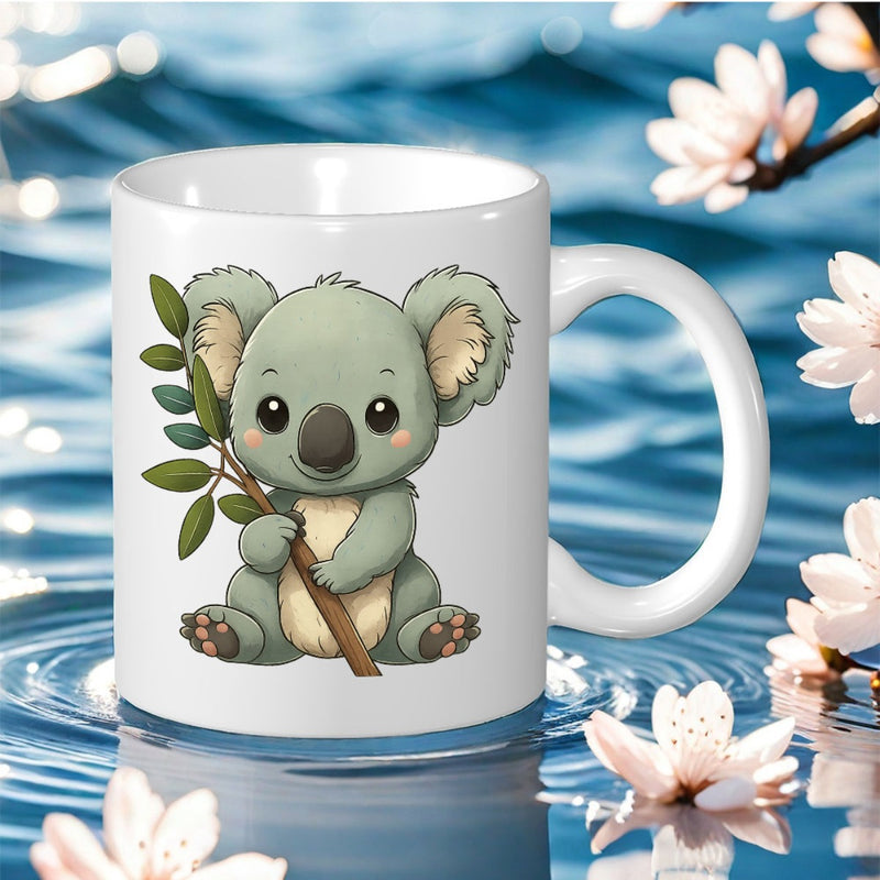 Tailorly White Ceramic 11 oz Mug - Adorable Grey Cartoon Koala Holding Green Eucalyptus Branch Sitting Peacefully Koala