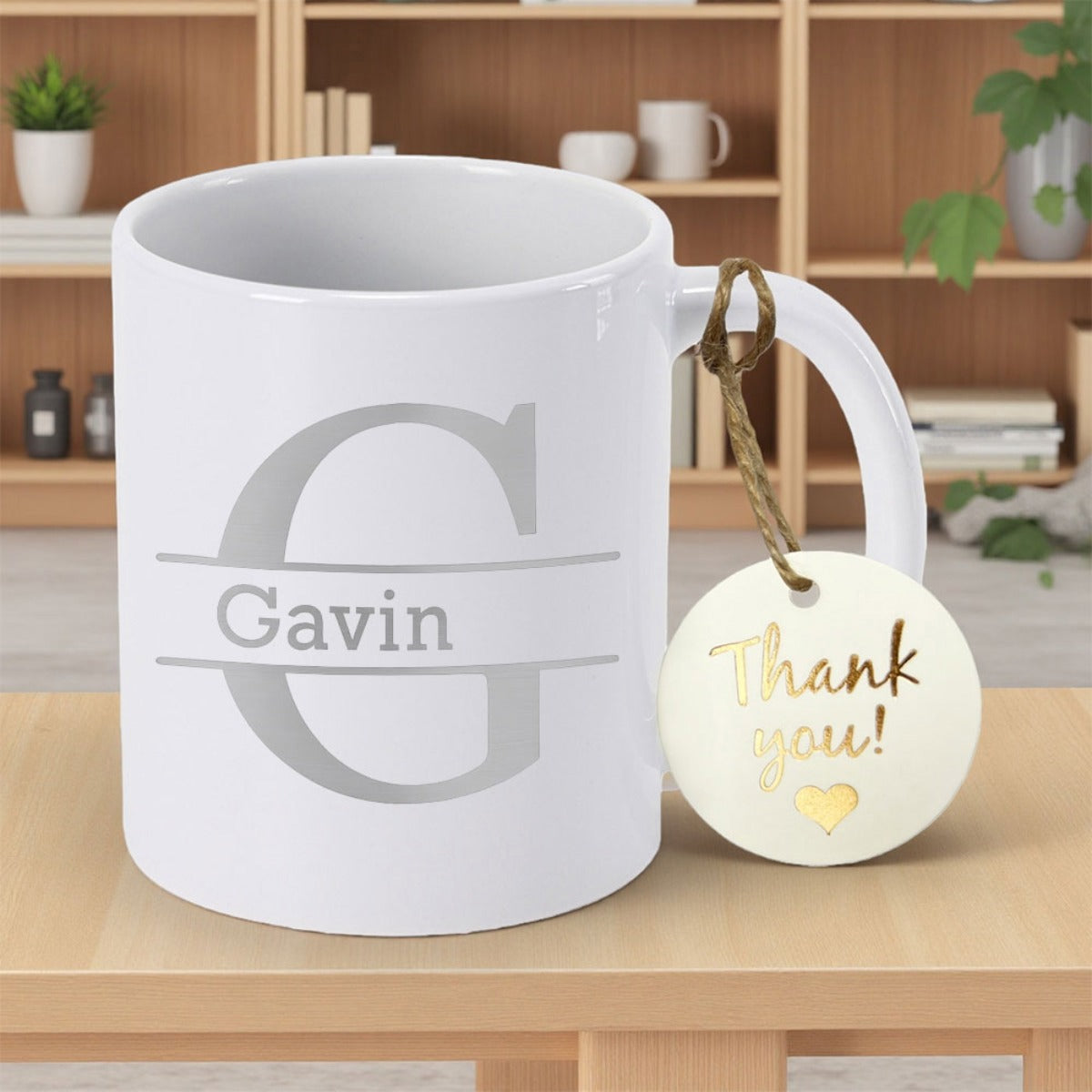 Tailorly White Ceramic 11 oz Mug - Gavin Thank You Minimalist White Ceramic Vessel Featuring Split Monogram Initial Personal Name Mug