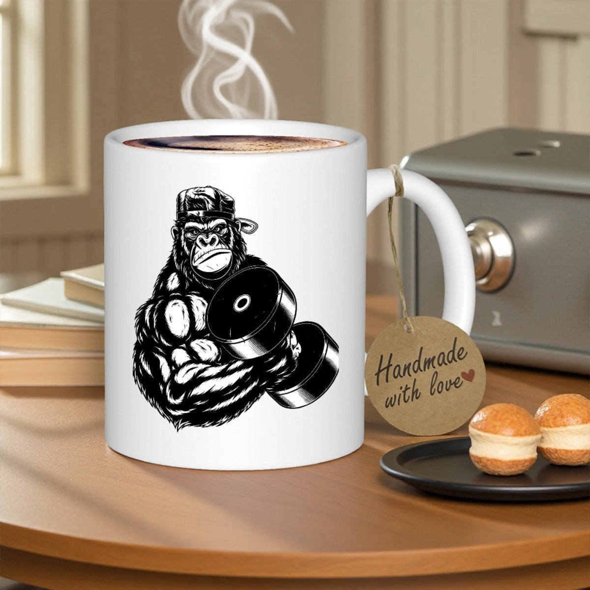 Tailorly White Ceramic 11 oz Mug - Strong Muscular Gym Gorilla Wearing A Cap Lifting Heavy Iron Weights Gorilla