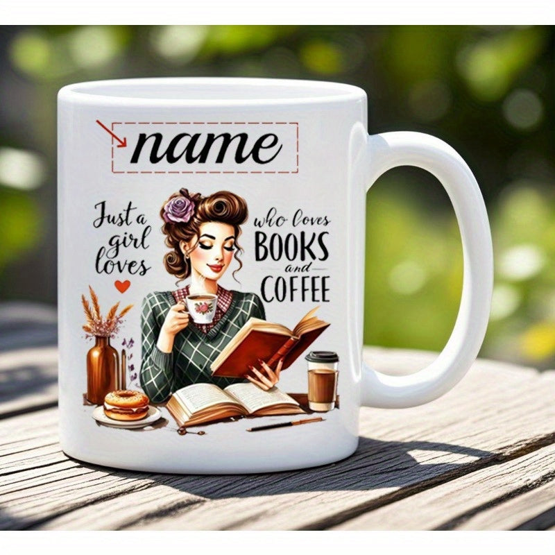 Tailorly White Ceramic 11 oz Mug - Just A Girl Who Loves Books And Coffee Vintage Retro Illustration Reading Among Warm Books And Steaming Coffee Woman