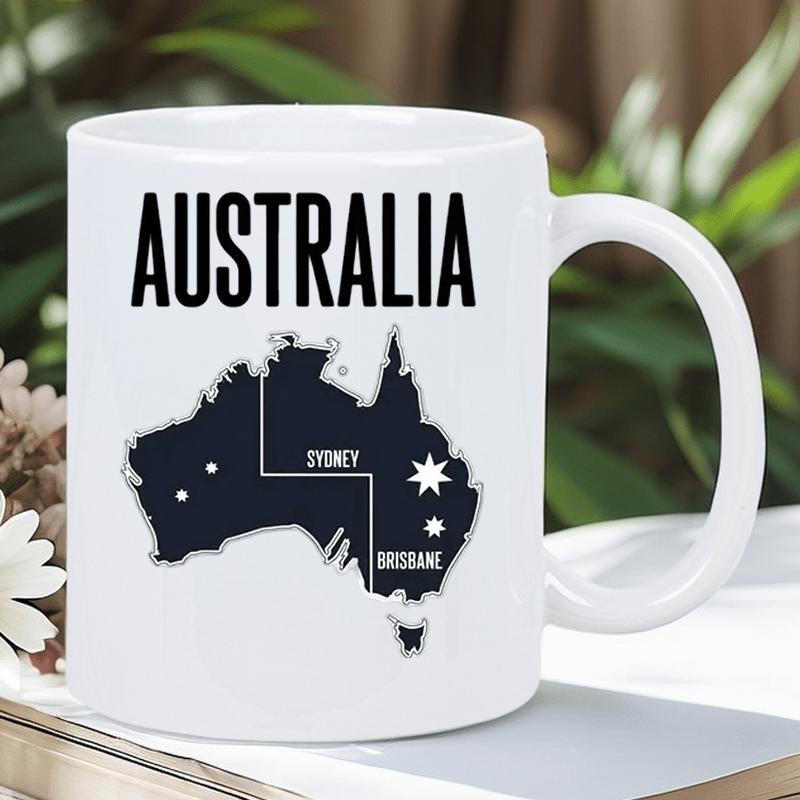 Tailorly White Ceramic 11 oz Mug - Australia Sydney Brisbane Minimalist Map Of The Australian Continent Featuring Stars And Lines Australia