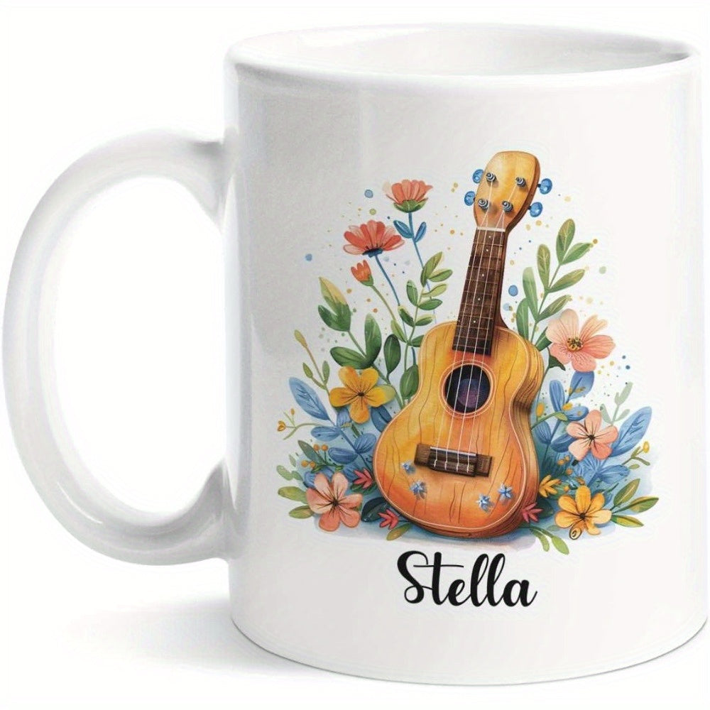 Tailorly White Ceramic 11 oz Mug - Stella Acoustic Wooden Instrument Nestled Amidst Colorful Watercolor Wildflowers And Leaves Ukulele