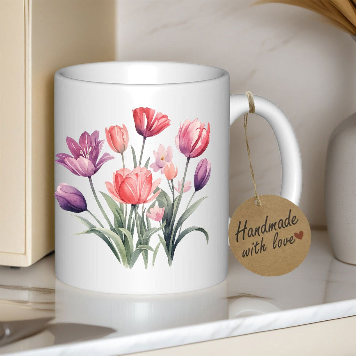 Tailorly White Ceramic 11 oz Mug - Handmade With Love Beautiful Watercolor Flowers Blooming Among Delicate Green Leaves And Stems Tulip