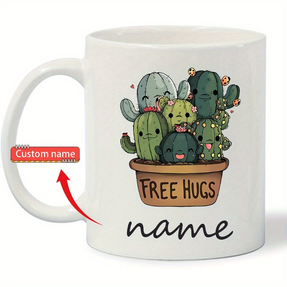 Tailorly White Ceramic 11 oz Mug - Free Hugs Name Adorable Potted Cacti With Friendly Smiling Facial Expressions Cactus