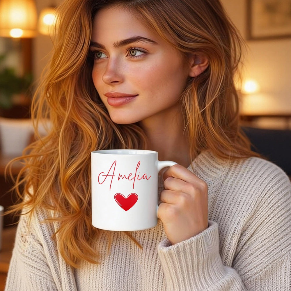 Tailorly White Ceramic 11 oz Mug - Amelia Simple Red Heart Symbol Floating Under Elegant Handwritten Script Name Mug