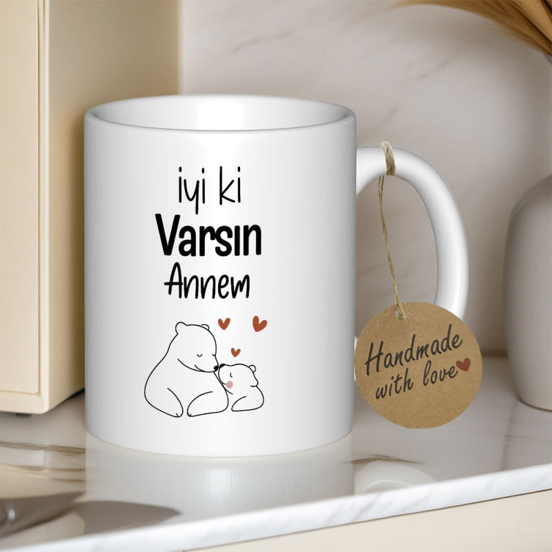 Tailorly White Ceramic 11 oz Mug - Handmade With Love Minimalist Line Drawing Of Mother And Cub Polar Bears With Small Hearts Bear