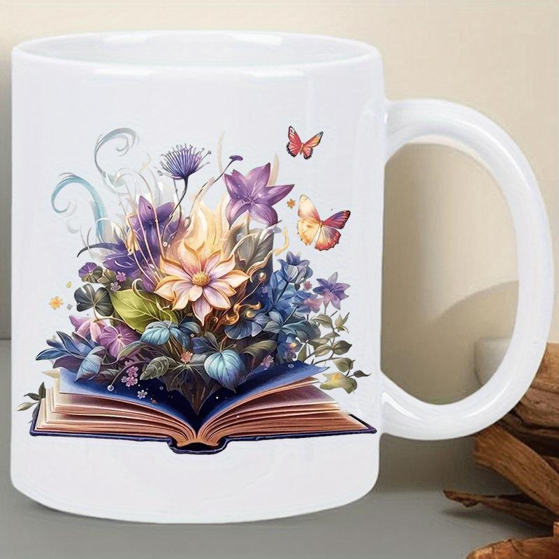 Tailorly White Ceramic 11 oz Mug - Colorful Garden Flowers With Delicate Butterflies Fluttering Above An Open Book