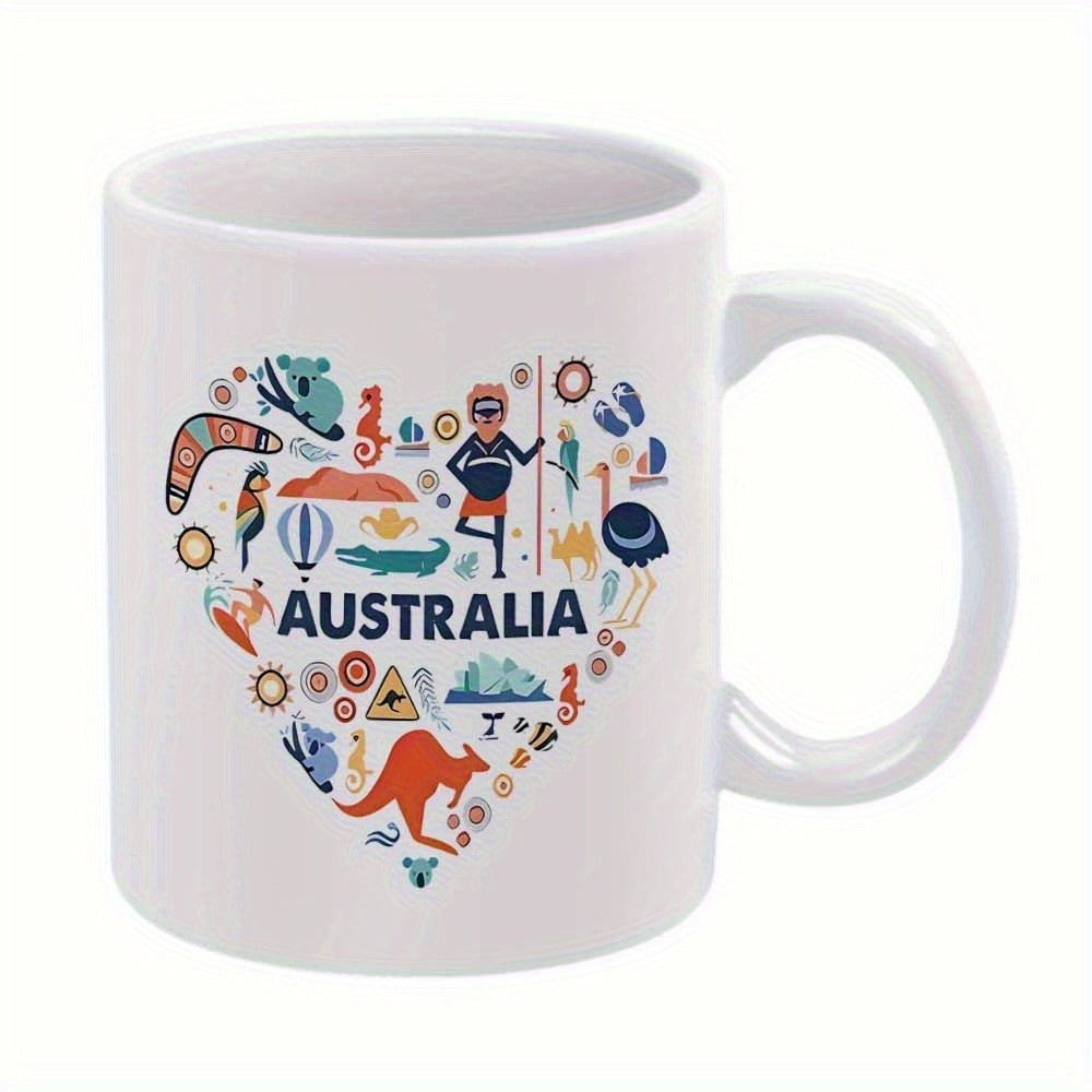 Tailorly White Ceramic 11 oz Mug - Australia Heart Shaped Collage Of Icons Featuring Diverse Cultural And Wildlife Elements Kangaroo