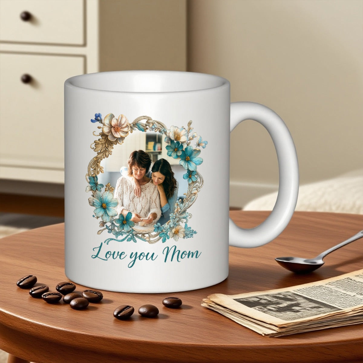 Tailorly White Ceramic 11 oz Mug - Love You Mom Beautiful Ornate Blue Flower Wreath Encasing A Touching Family Portrait Mother
