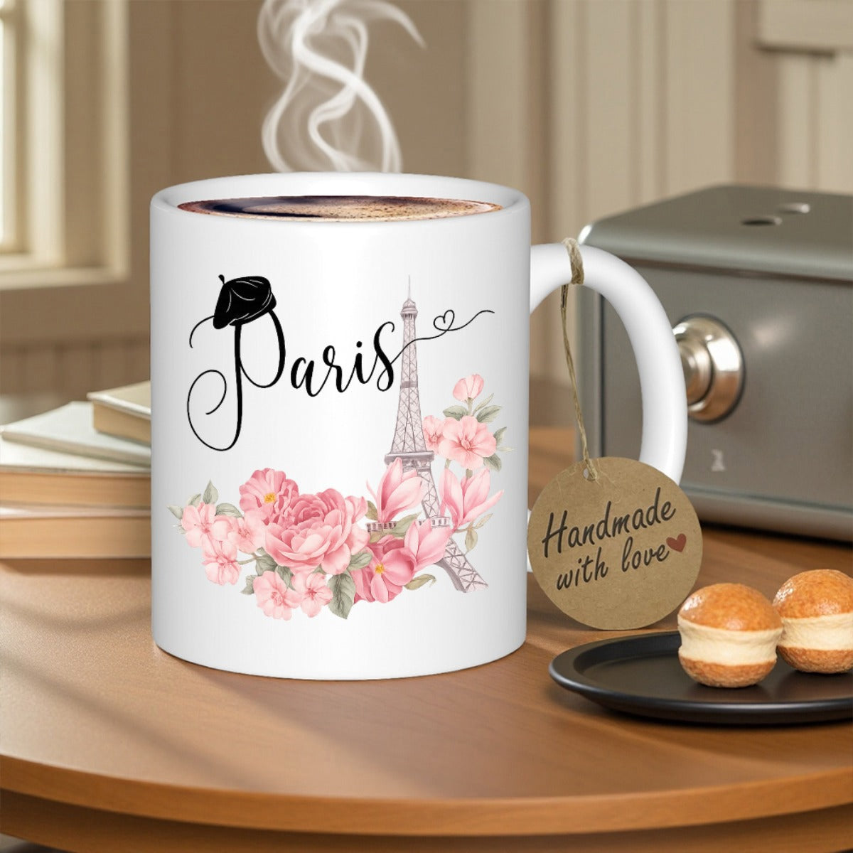 Tailorly White Ceramic 11 oz Mug - Paris Romantic Eiffel Tower Surrounded By Blooming Pink Peony Flowers And Beret Tower