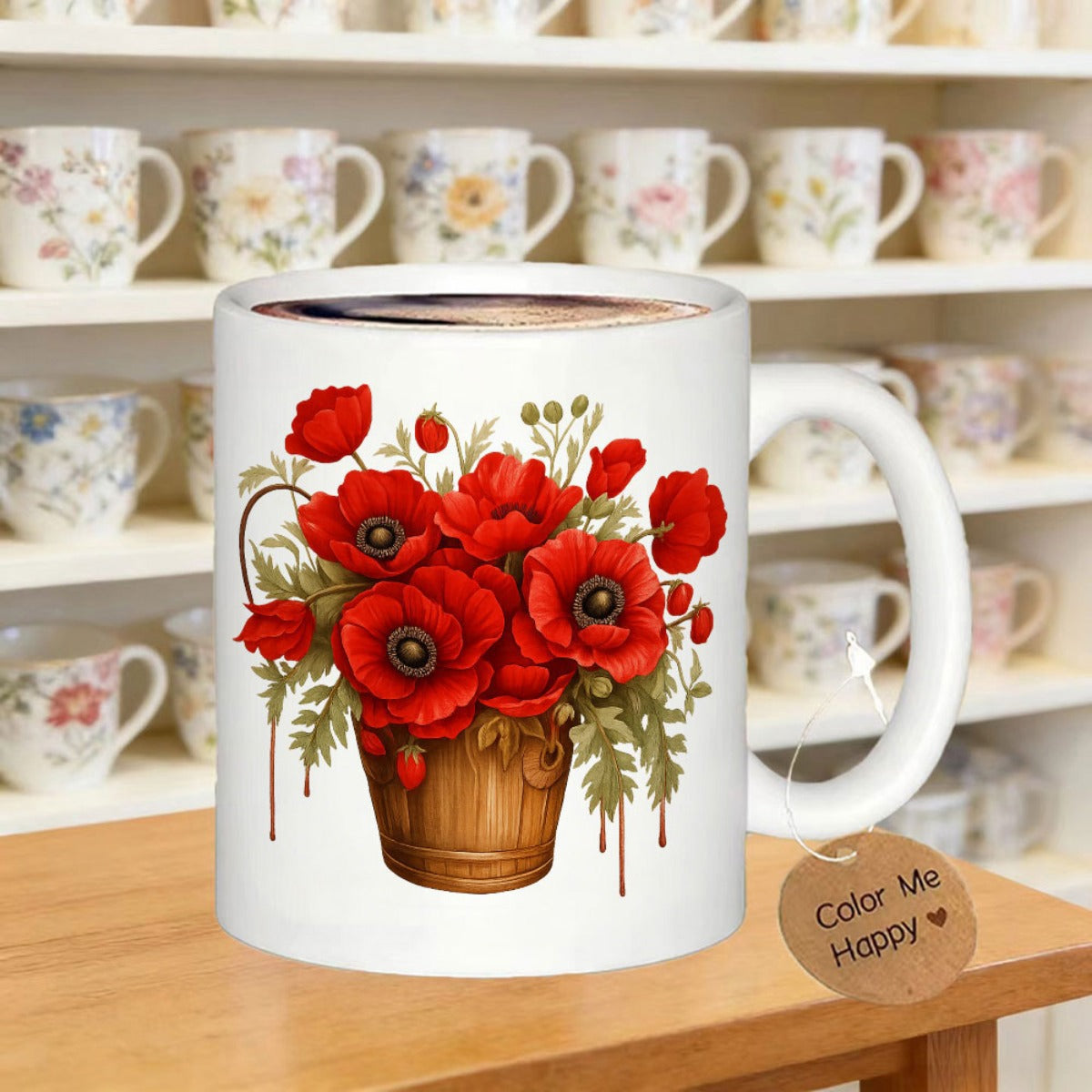 Tailorly White Ceramic 11 oz Mug - Color Me Happy Vibrant Red Poppies Blossoming In A Rustic Wooden Bucket Flower