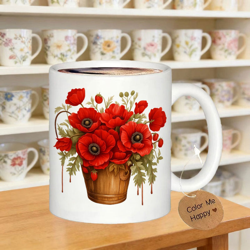 Tailorly White Ceramic 11 oz Mug - Color Me Happy Vibrant Red Poppies Blossoming In A Rustic Wooden Bucket Flower