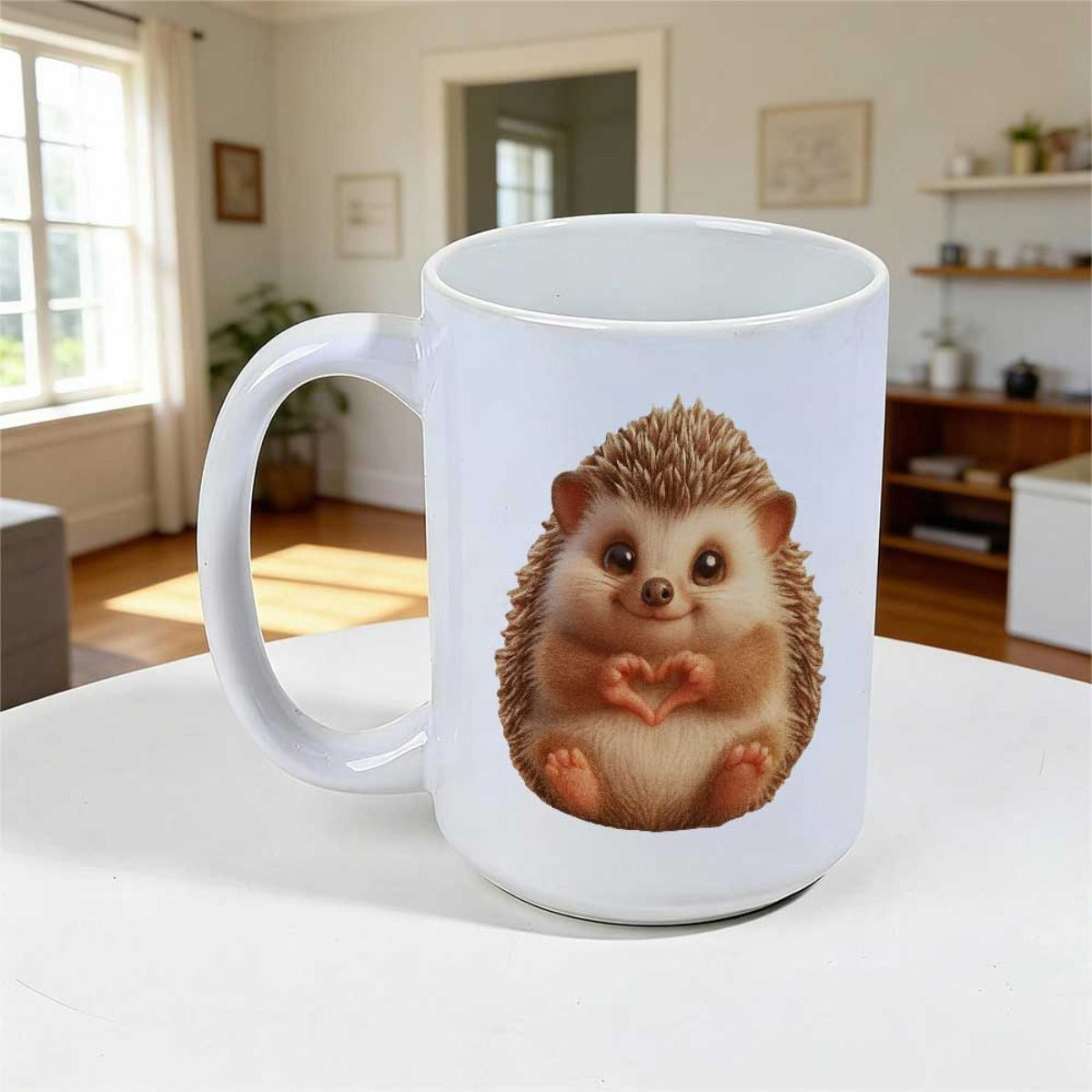 Tailorly White Ceramic 11 oz Mug - Cute Tiny Animal Making Heart Shape With Paws Soft Spiky Hedgehog