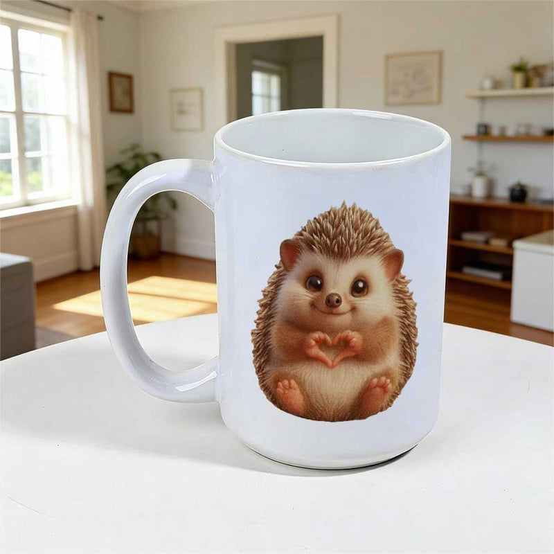 Tailorly White Ceramic 11 oz Mug - Cute Tiny Animal Making Heart Shape With Paws Soft Spiky Hedgehog