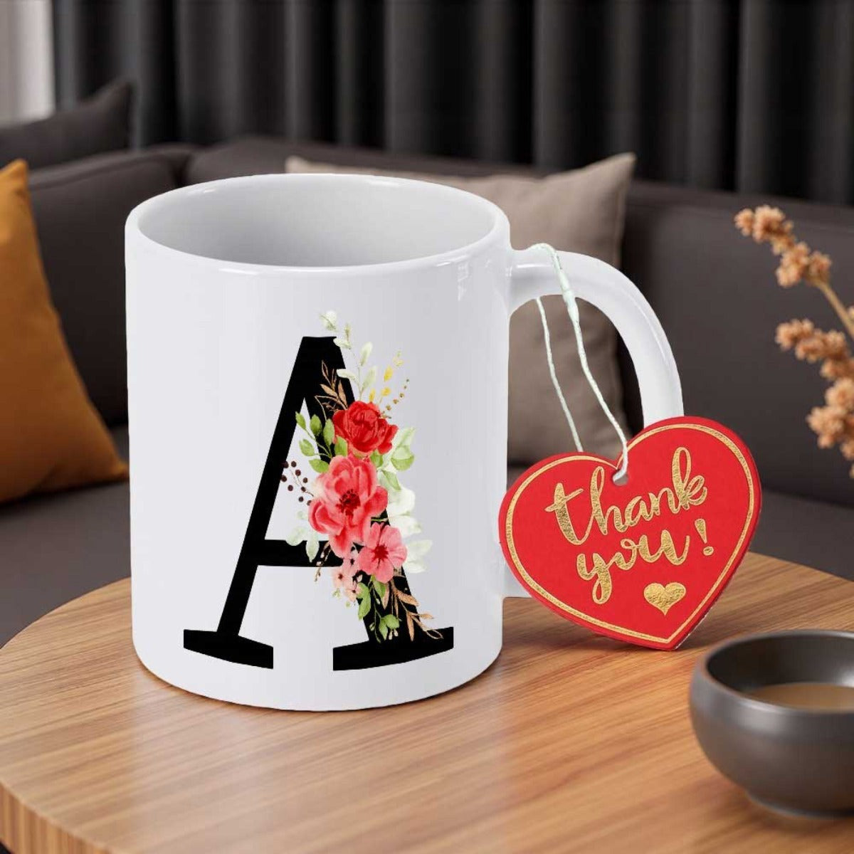 Tailorly White Ceramic 11 oz Mug - Thank You Minimalist Serif Letter Decorated With Vibrant Red Roses And Green Leaves Letter