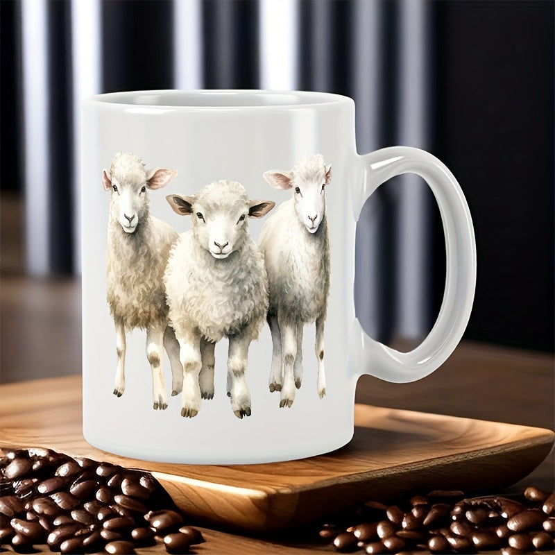 Tailorly White Ceramic 11 oz Mug - Three Fluffy White Lambs Standing Together In A Peaceful Rustic Countryside Sheep