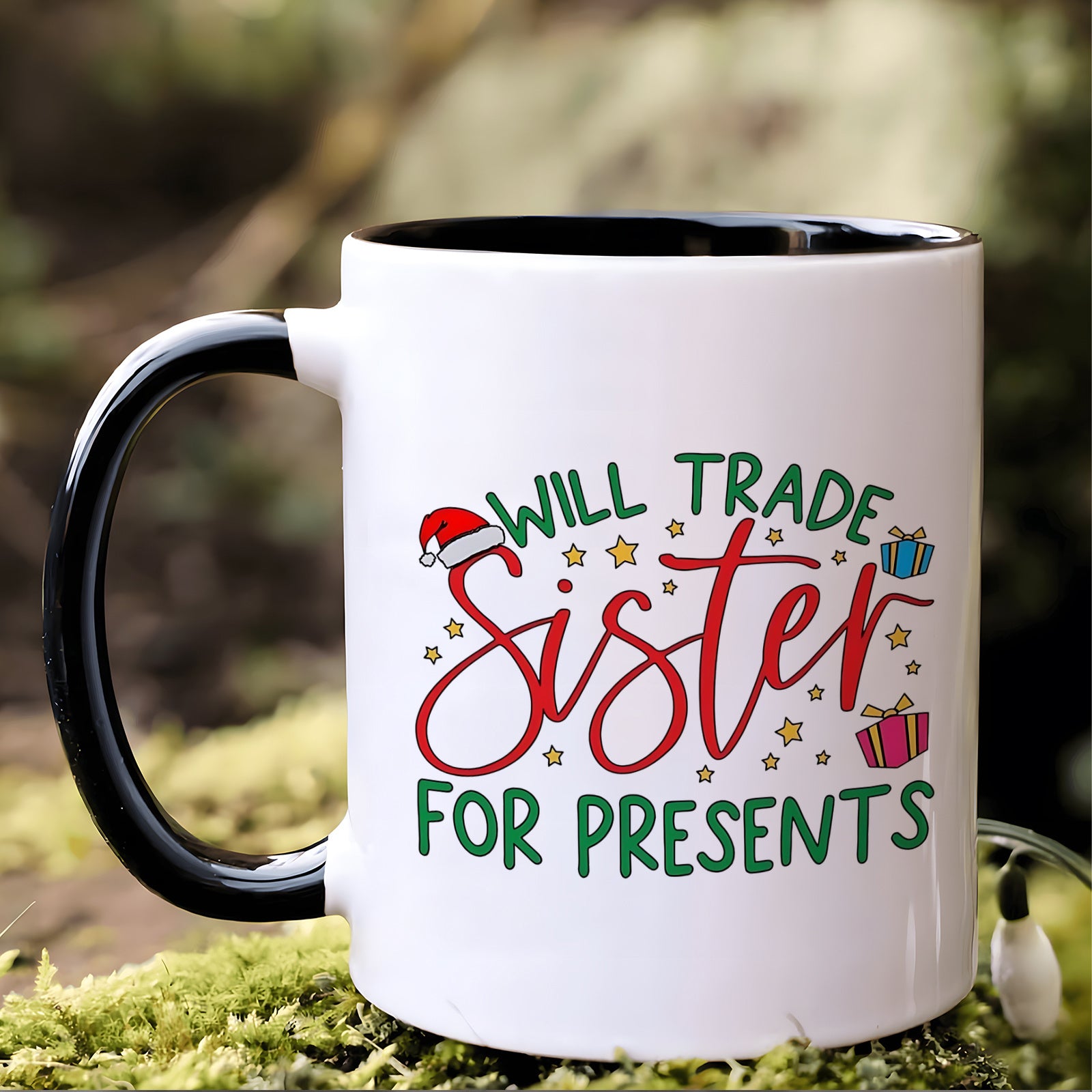 Tailorly Black Accent 11 oz Mug - funny "will trade sister for presents" text with santa hat and christmas theme