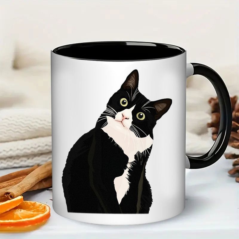 Tailorly Black Accent 11 oz Mug - tuxedo cat pattern