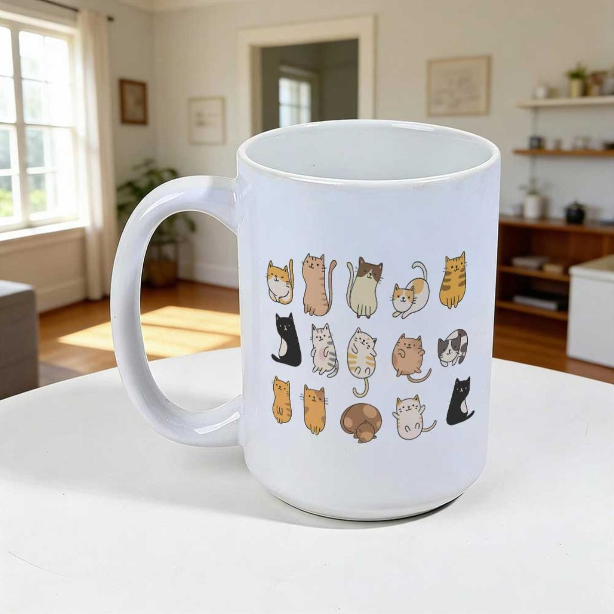 Tailorly White Ceramic 11 oz Mug - Minimalist Hand Drawn Kittens Playing In Various Playful Sitting Poses Cat
