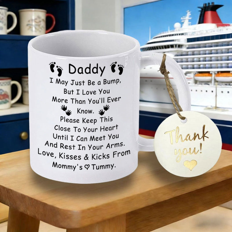 Tailorly White Ceramic 11 oz Mug - Daddy I May Just Be A Bump Love Kisses Kicks Mommy Tummy Minimalist Black Baby Footprints Pattern On Polished Mug