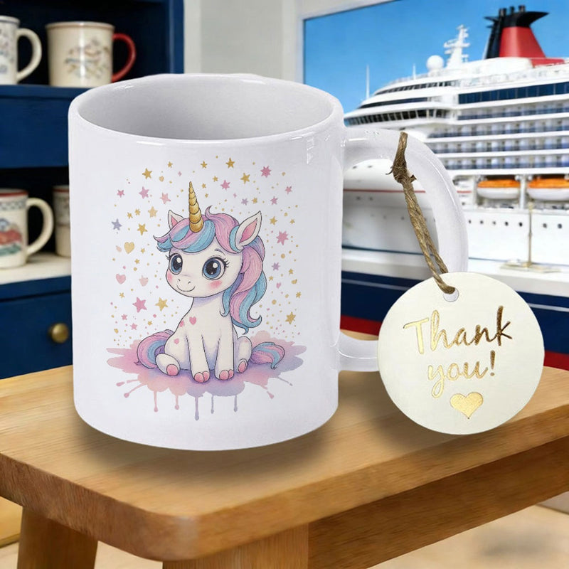 Tailorly White Ceramic 11 oz Mug - Thank You Adorable Sitting Creature With Pink Mane Surrounded By Twinkling Golden Stars Unicorn