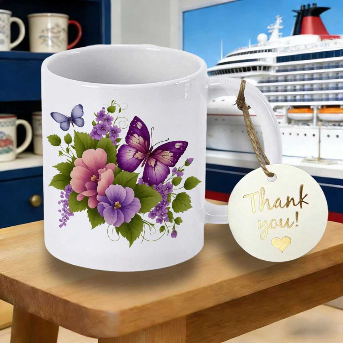 Tailorly White Ceramic 11 oz Mug - Thank You Vibrant Purple Wings Among Blooming Pink And Lavender Flowers With Lush Leaves Butterfly