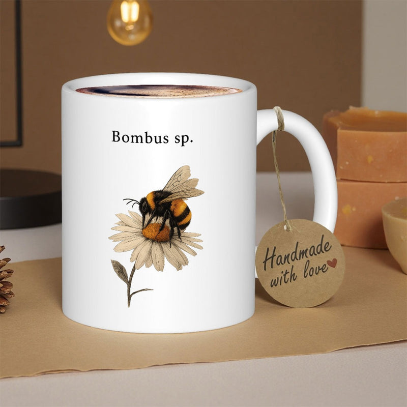 Tailorly White Ceramic 11 oz Mug - Bombus Sp Detailed Vintage Illustration Of A Bumblebee On A White Flower Bumblebee