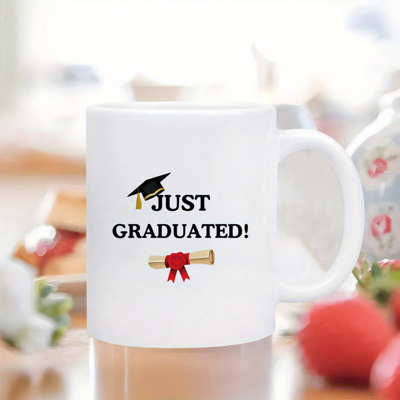 Tailorly White Ceramic 11 oz Mug - Just Graduated Black Graduation Mortarboard Cap And Rolled Diploma With Red Ribbon Mug