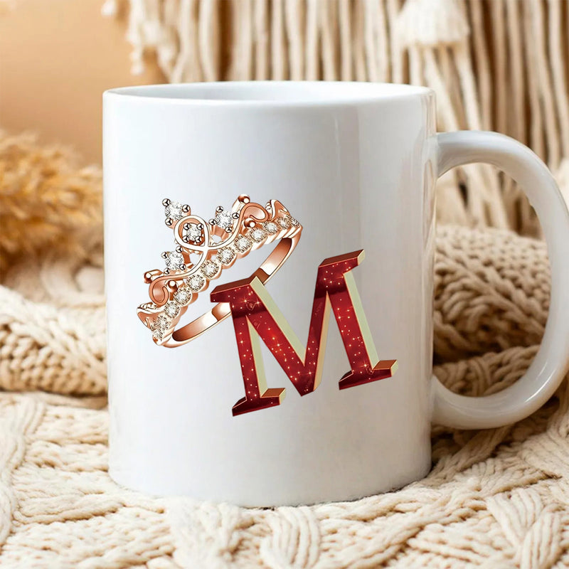 Tailorly White Ceramic 11 oz Mug - M Elegant Rose Gold Tiara Resting On A Red Sparkling Glittered Serif Initial